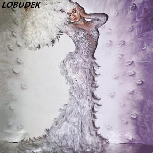 White Feather Rhinestones Long Dress Evening Formal Dresses Lady Birthday Banquet Floor Length Dress Singer Host Costume