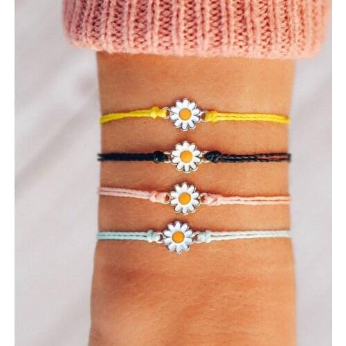 Alibaba express flower Daisy charm bracelet wax string collar vintage mujer gargantillas mujer moda friendship bracelet women