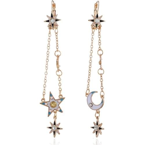 CRLEY Fashion Jewelry Personality Moon Star Earrings Rhinestone Bridal Earring For Women Dangle Metal Chains Wedding Gifts