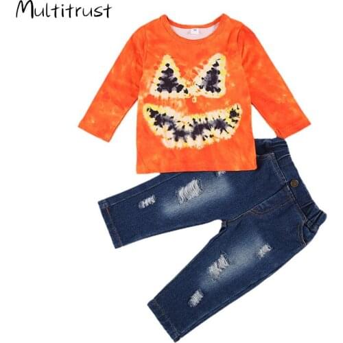 Infant Kids Baby Girl Clothes Halloween Clothes Set Long-sleeved Trousers Suit Blooming Tie dye T-shirt Elastic Ripped Jeans