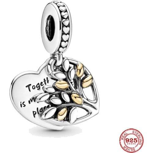 Hot Sale 925 Sterling Silver Two-Tone Family Tree Heart Dangle Charm fit Original Pandora Bracelet Silver 925 Jewelry Making