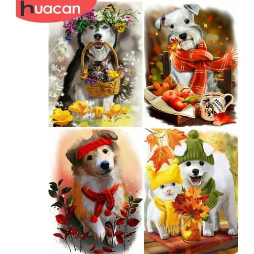 HUACAN 3D DIY Diamond Painting Dog Full Square Round Drill Diamond Embroidery Animal Mosaic Autumn Handmade Gift Home Decor
