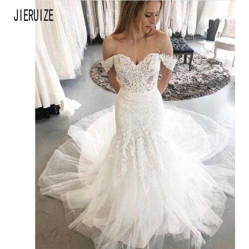 JIERUIZE Modest Mermaid Wedding Dresses Sexy Off The Shoulder Sweetheart Lace Appliques Backless Bridal Gowns vestido de noiva