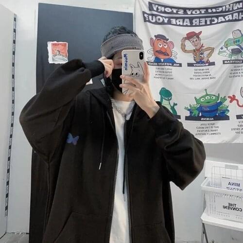 Butterfly printed cardigan zipper sweater jacket women loose hooded top baseball uniform cotton Harajuku y2k Hooded sweatshirts