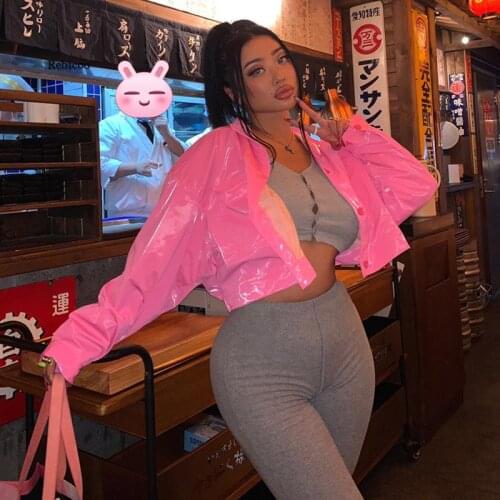 3 Colors Spring Summer Bright Leather Thin Windproof Large Pockets Loose Short Waist Jacket