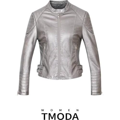 TMODA292 Autumn Winter Women Faux Leather Jackets Coats Lady Pu Motorcycle Shining Gray Zipper Coat Streetwear Biker Outerwear