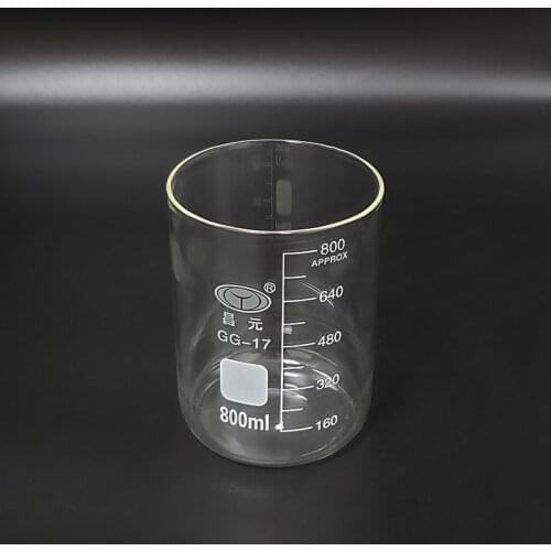 Beaker in low form without spout,Capacity 800ml,Outer diameter=100mm,Height=120mm,Laboratory beaker