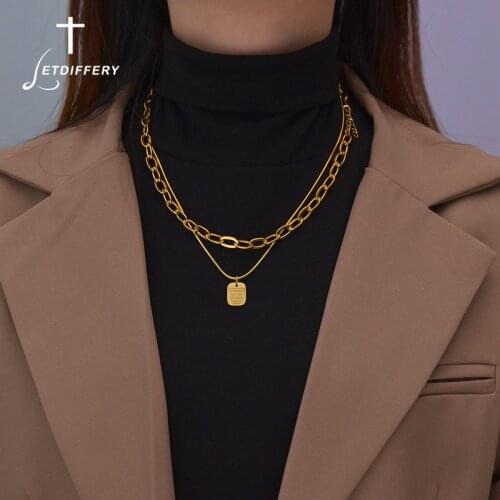 Letdiffery Fashion Multilayer Hip Hop Long Chain Necklace For Women Men Stainless Steel Golden Square Pendant Necklaces Jewelry