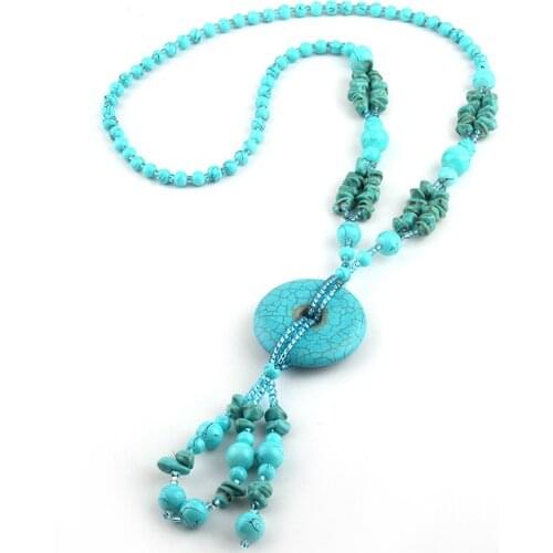 Fashion Bohemian Tribal Artisan Jewelry Blue Stones Round Circle Rectangle Moon Charm Bead Tassel Necklace 6 design available