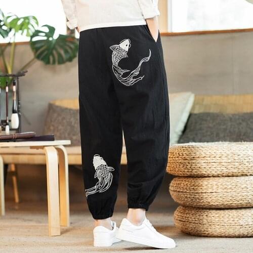 New 2019 Spring Harem Pants Men Embroidery Linen Cotton Elastic Waist Pants Chinese Style Retro Track Pants Man Trousers KK3274