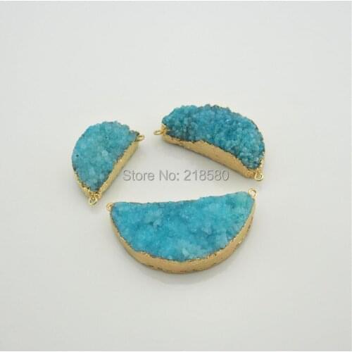 L150108001 Half Moon Blue Druzy Crystal Charm Pendants Connectors with Double Gold Electroplated Edge