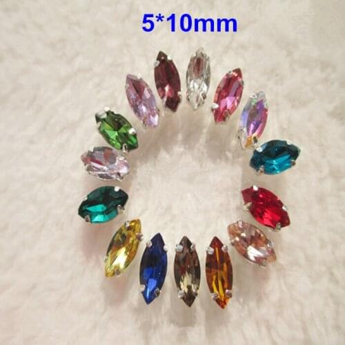 Mix Colors 40 pcs Sew on Bead in Silver Setting,5*10mm Marquise Navette Sparkling Crystal Glass Sewing on Buttons For DIY