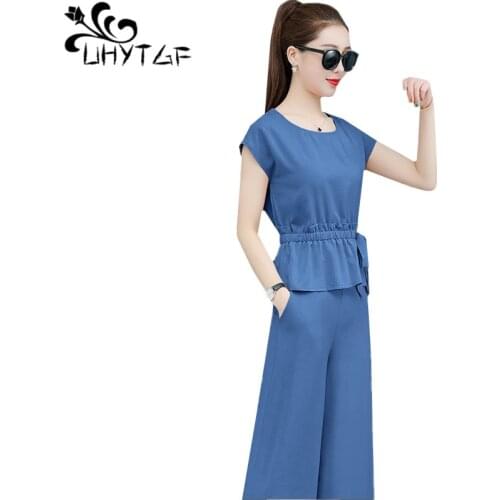 UHYTGF 2 piece set women fashion O neck pullover casual 2XL plus size tracksuit business wide-leg pants summer two peice set 945