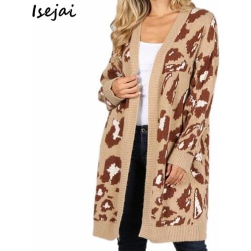 Leopard Knitting Women Cardigans Long V Neck Vintage Sweater Womens Cardigan Autumn Winter Knitted Coat