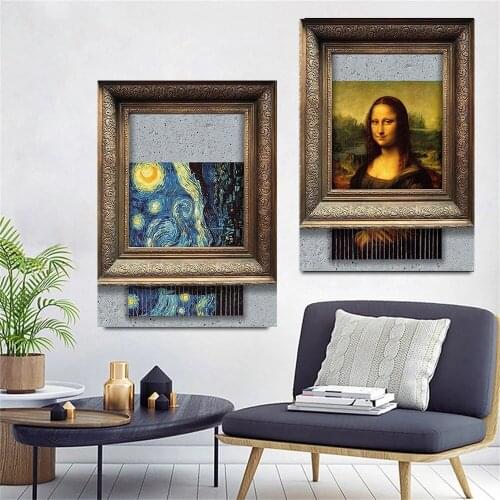 Funny Mona Lisa Picassos Girl and Starry Night Canvas Painting Wall Art Prints Abstract Poster Pictures for Living Room Decor