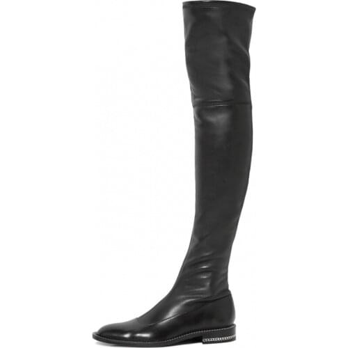 Shoes Woman Low Heels Metal Chain Boots Over The Knee Fashion Casual Spring Patent Leather Long Boots Big Size
