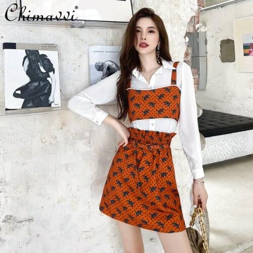High Street Long Sleeve White Casual Shirt Women Floral Print Beaded Dinosaur Sling High Waist Skirt Lady Two Pieces Skirt Set