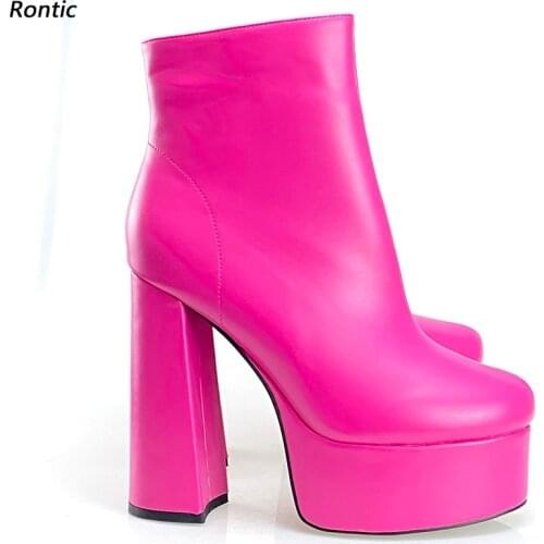Rontic High Quality Women Platform Ankle Boots Short Plush Chunky Heels Round Toe Pretty Fuchsia Red Party Shoes US Size 5-15