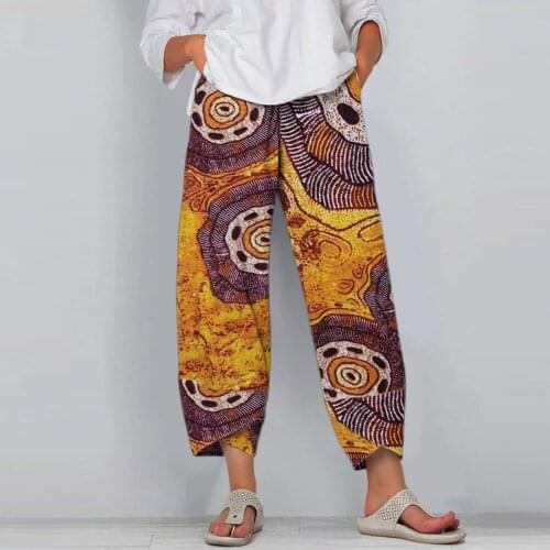 Vintage Printed Harem Pants Women Trousers Casual Elastic Waist Cotton Linen Wide Leg Pants Loose Pantalon Summer Plus Size Pant