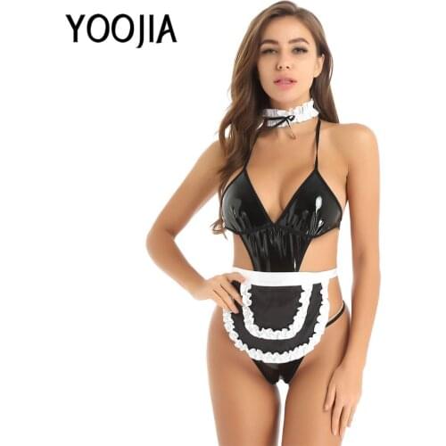 Womens Erotic Maid Cosplay Costumes Outfit Set Halter Neck Backless Jumpsuit G-string Thong Leotard Bodysuit with Apron Choker