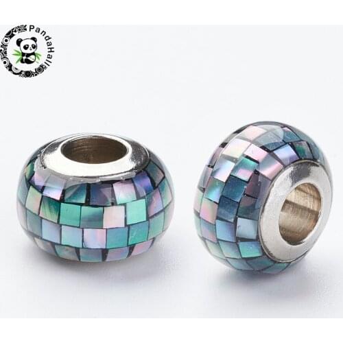 1PCS 304 Stainless Steel Resin European Beads, with Shell and Enamel, Rondelle, Large Hole Beads, Royal Blue, 12x8mm, Hole: 5mm