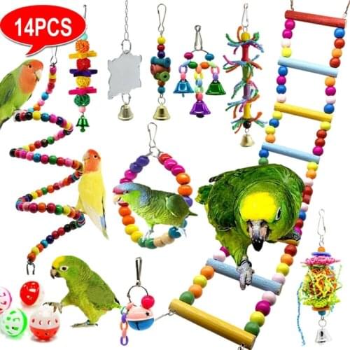 14Pcs Bird Swing Chewing Toys Set Hanging Ladder Perch Parrot Mirror Cage Bell Toy Wood Beads Chew Bite Toy Pet Bird Supplies