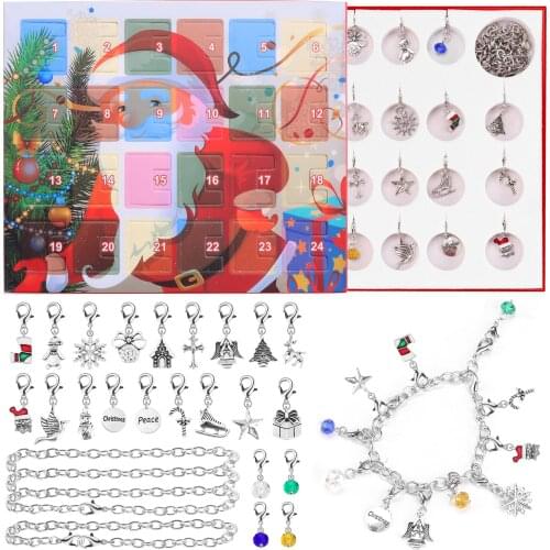 2020 24Days Christmas Countdown Advent Calendar DIY Charm Bracelet Necklace Jewelry Making Kit for Kids Children Xmas Gifts
