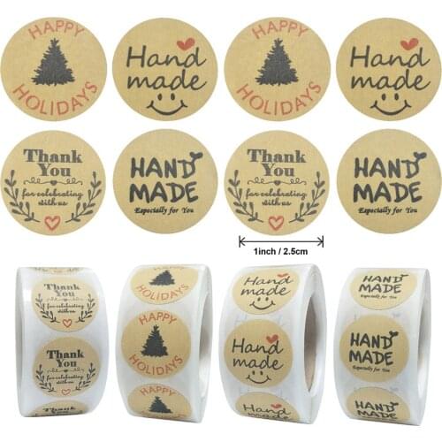 500PCS 2.5cm Kraft Paper Sticker Handmade with Love Happy Holiday Baking Packaging Sealing Label Decoration