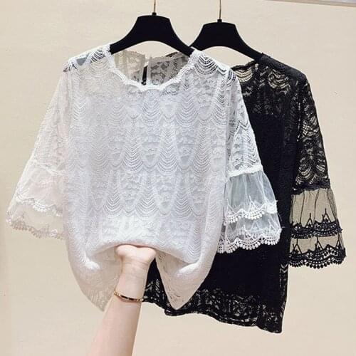 Plus Size Shirt Summer 2021 New Korean Loose Fashion Womens Flare Sleeve Chic Embroidery Cotton Lace O-neck Casual Blouse 15011