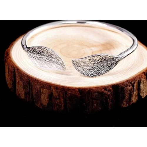 Real 999 Fine Silver leaves Open Bangles for Women Glossy Silver Leaf Bangle Ethnic Vintage Bijoux Fine Jewelry