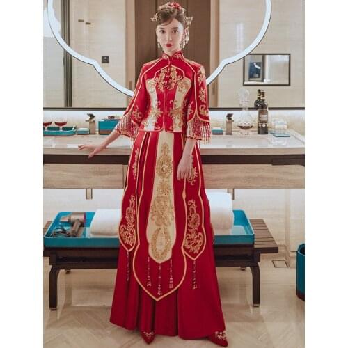 Beading Sequins Embroidery Tassle Cheongsam Traditional Chinese Couple Wedding Suit Elegant Bride Marry Dress китайская одежда