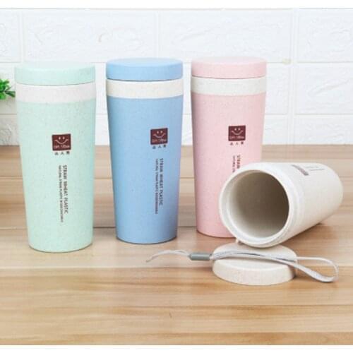 Wheat straw double-layer mug creative Eco-friendly insulation sealed leak-proof cupcoffee thermos cup student hand cup with rope