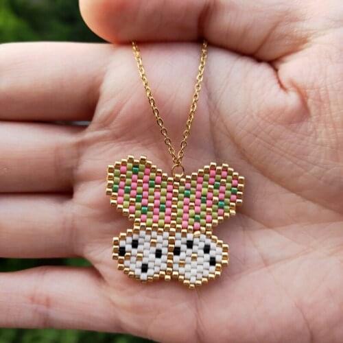 FAIRYWOO Cute Butterfly Necklace Miyuki Beaded Handmade Jewelry Animals Bird Pendant Gold Stainless Steel Chain Trendy Jewelry