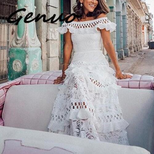 Genuo Women Summer Hollow Out Dress Solid Off Shoulder Lace Bohemian Maxi Dresses Elegant Slash Neck Party Long Dress Vestido