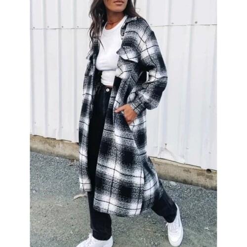 GypsyLady Plaid Vintage Long Coats Autumn Winter Chic Blends Long Sleeve Women Coats Pocket Oversized Ladies Shirt Outwear 2021