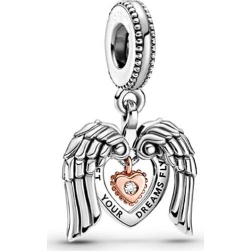 Club 2021 Angel Wings Heart Dangle Charms 925 Sterling Silver Pendant Beads Fit Bracelets Necklace Gift DIY For Women Jewelry
