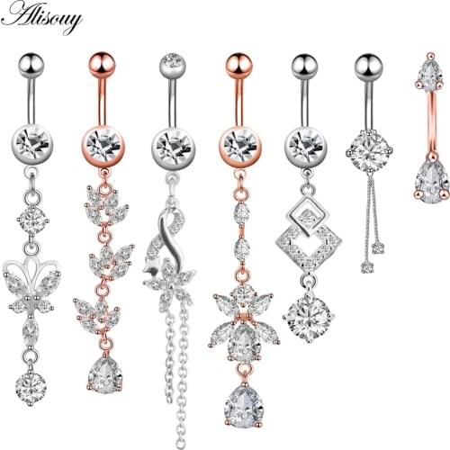1pc New Zircon Fashion Surgical Stainless Steel Navel Piercing Flower Pendant Belly Button Rings Belly Piercing Body Jewely
