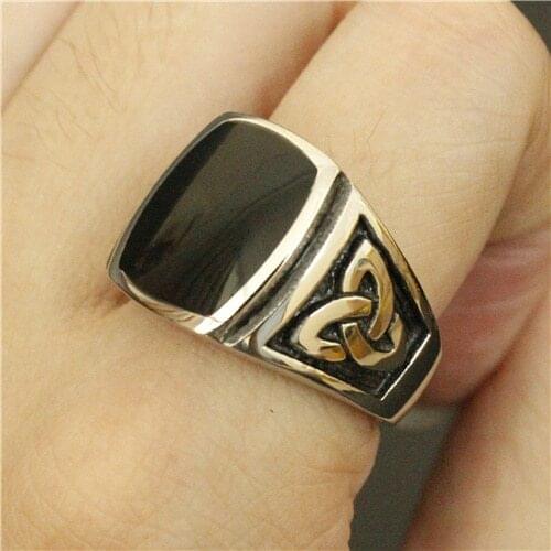 Fashion Thor Hammer Ring Black Stone Egyptian Pattern Ring Titanium Steel Ring 316L Stainless Steel Biker Ring