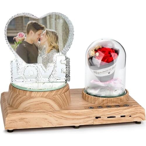 Creative Customized Photo Text Bluetooth LED Display Wooden LOVE Crystal Rotating Base MP3 Speaker Valentines Day/Wedding Gift