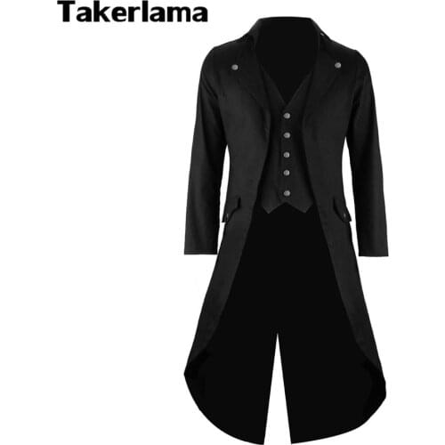 Mens Gothic Tailcoat Jacket Steampunk Trench Cosplay Costume Victorian Coat Black Mens Long Tuxedo Suit with Vest