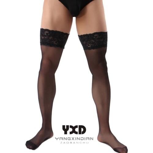 New Mens Socks Man High Elastic Sexy Temptation Transparent Lace Edge Silk Stockings Thigh Socks Gift For Men Ultrathin Socks
