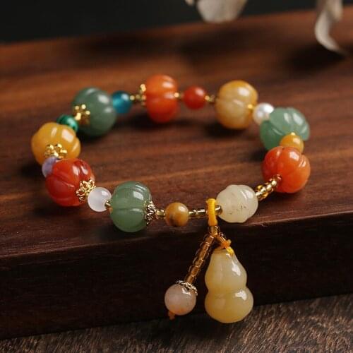 New Arrival Natural Gold Jade Pumpkin Beads Beaded Bracelets for Women Lady Gourd Pendant Handmade Bracelet Fine Jewelry YBR595