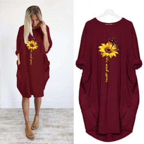 New spring top womens dress fashion plus size loose medium long butterfly sunflower print summer Long sleeve Hedging dresses