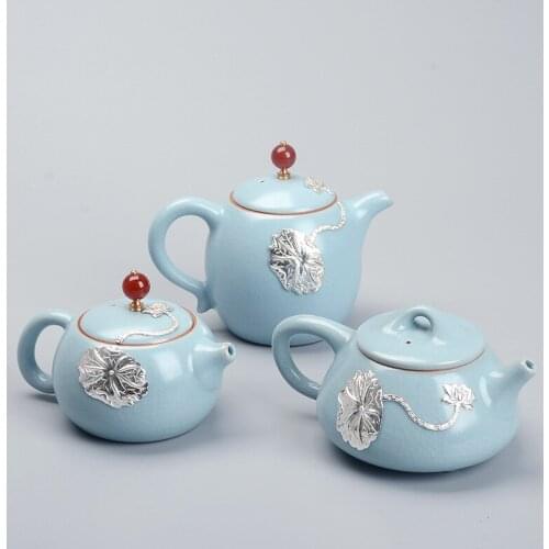 Ru kiln teapot inlaid silver tea pot Xishi pot creative kung fu tea pot personality ceramic gift