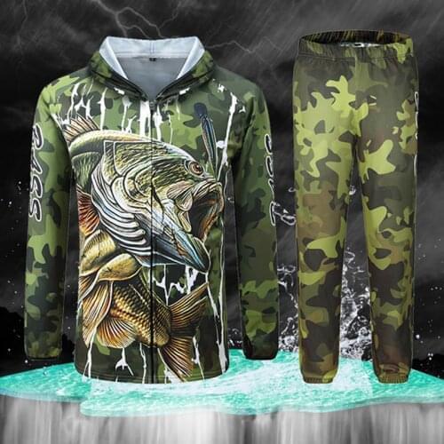 M-4XL Professional Fishing Clothes Anti-UV Ice Fishing Hooded Clothing Set Sun Protection Long Sleeve Shirt Camouflage Pants
