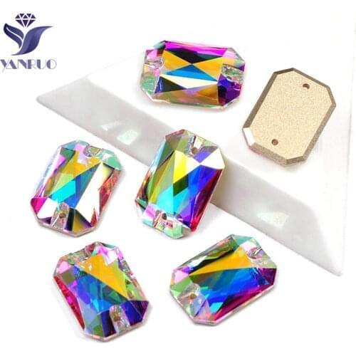YANRUO 3252 AB Emerald Cut Sew On Stones Strass Glass Gems Flat Back Rhinestones Crystals For Dress Decoration