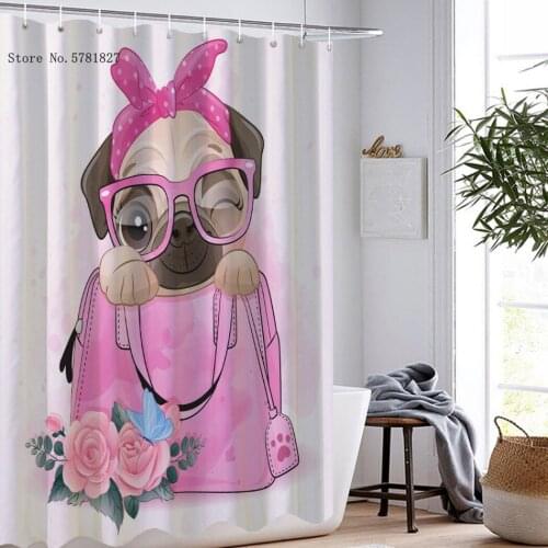 Pet Dogs Shower Curtains 3D Print Cartoon Animals Pug Waterproof Polyester Lovely Kawaii Bathroom Curtain Home Textile Decor