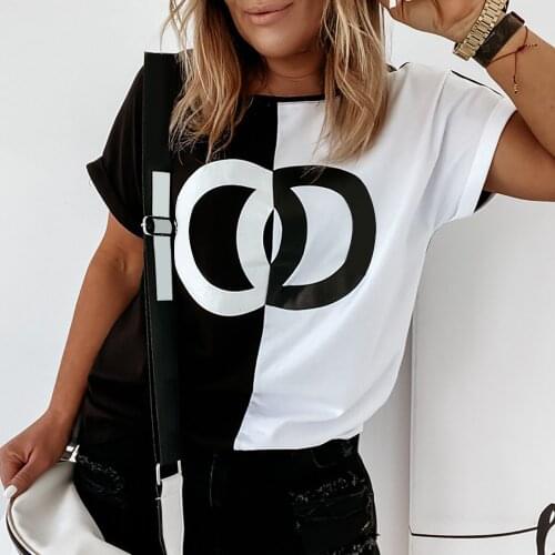 Summer Casual T Shirt Women Black White Splicing Tshirts Tops Harajuku Short Sleeve Loose Tee Shirt Female 2021 Streetwear