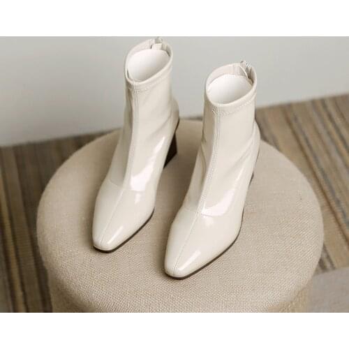 Woman Autumn Boots PU Leather Pointed-Toe Stretch Ankle Boots Womens Pumps Shoes Martin Boots Chunky Heels Simple Socks Boots
