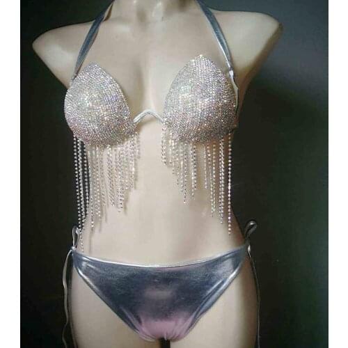 Silver Tassel Bikini Set Women Diamante Carnival Bra rhinestone Sexy Night Club Panties Festival Bikini Set Burning Man Outfit